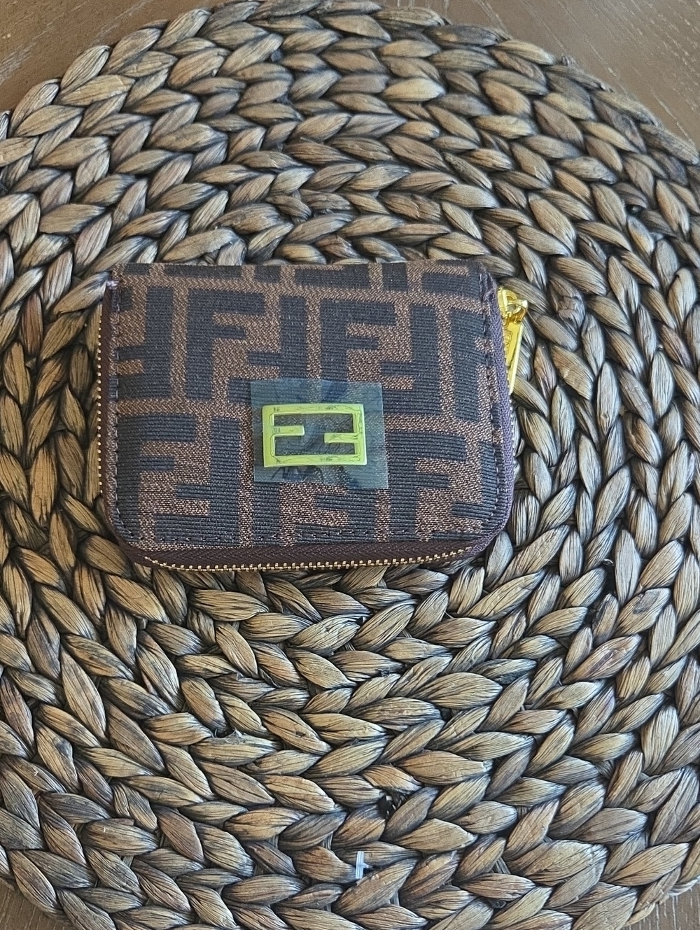 Fendi Brown and Gold FF Logo Zip Card Case